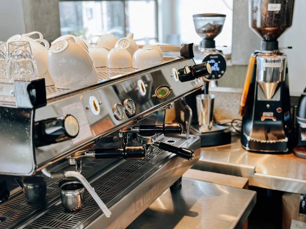 Silver espresso machine in a Kirkland coffee shop